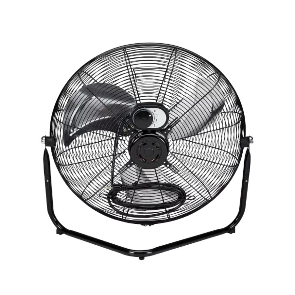 Central 57880 20 inch industrial high velocity floor fan with black metal frame, three aluminum blades and adjustable tilt head.