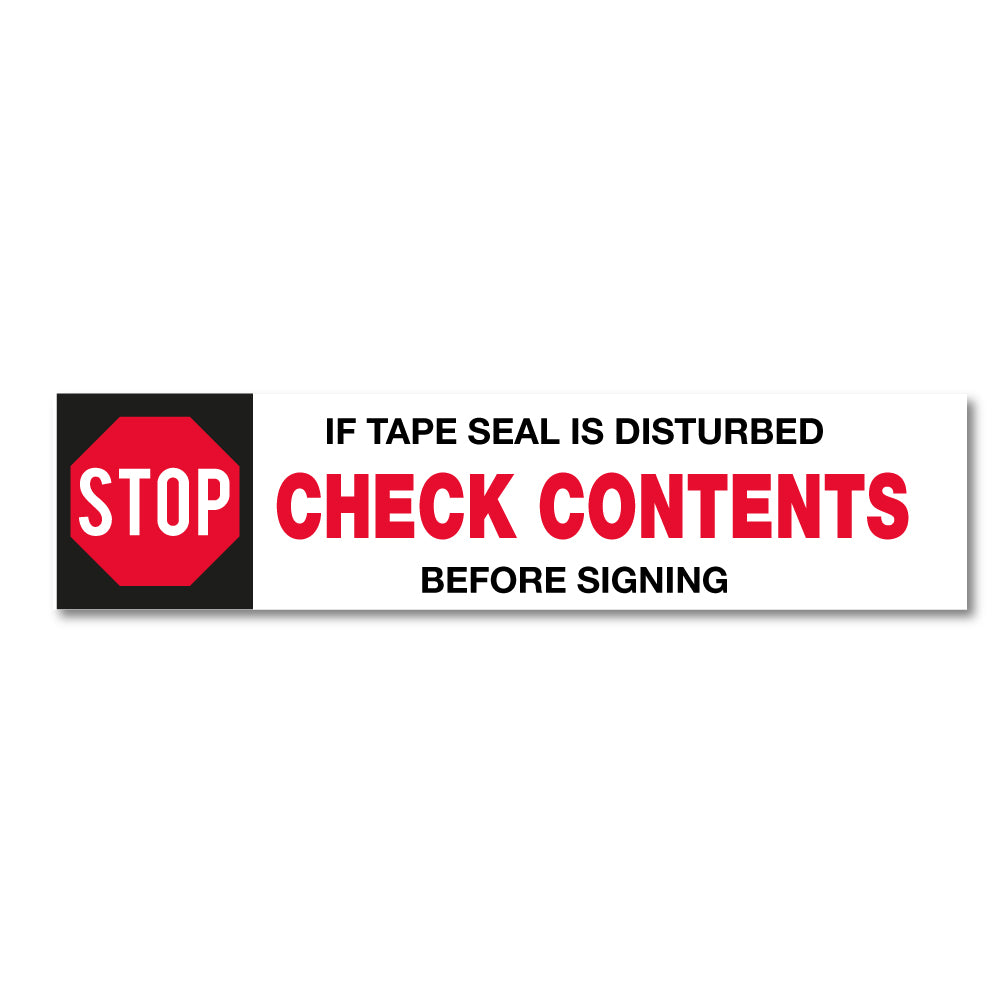 STOP security packaging tape printed with IF TAPE SEAL IS DISTURBED CHECK CONTENTS BEFORE SIGNING warning.