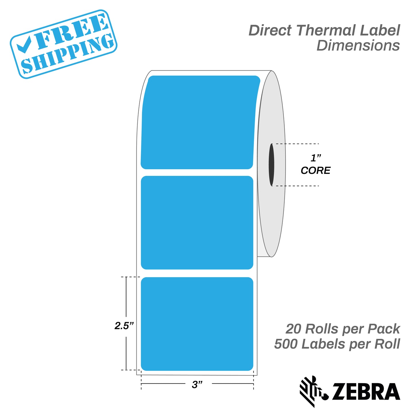 3”X2.5" - Direct Thermal Labels - 1” Core - 20 Rolls per Pack - 500 labels per roll - (10000 Labels) - warehouse supplies