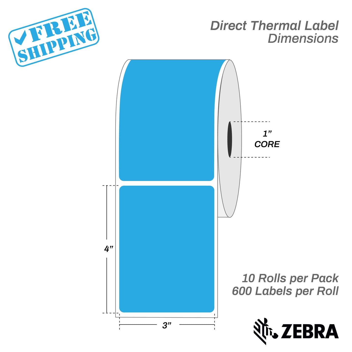 3”X4" - Direct Thermal Labels - 1” Core - 10 Rolls per Pack - 600 labels per roll - (6000 Labels) - warehouse supplies