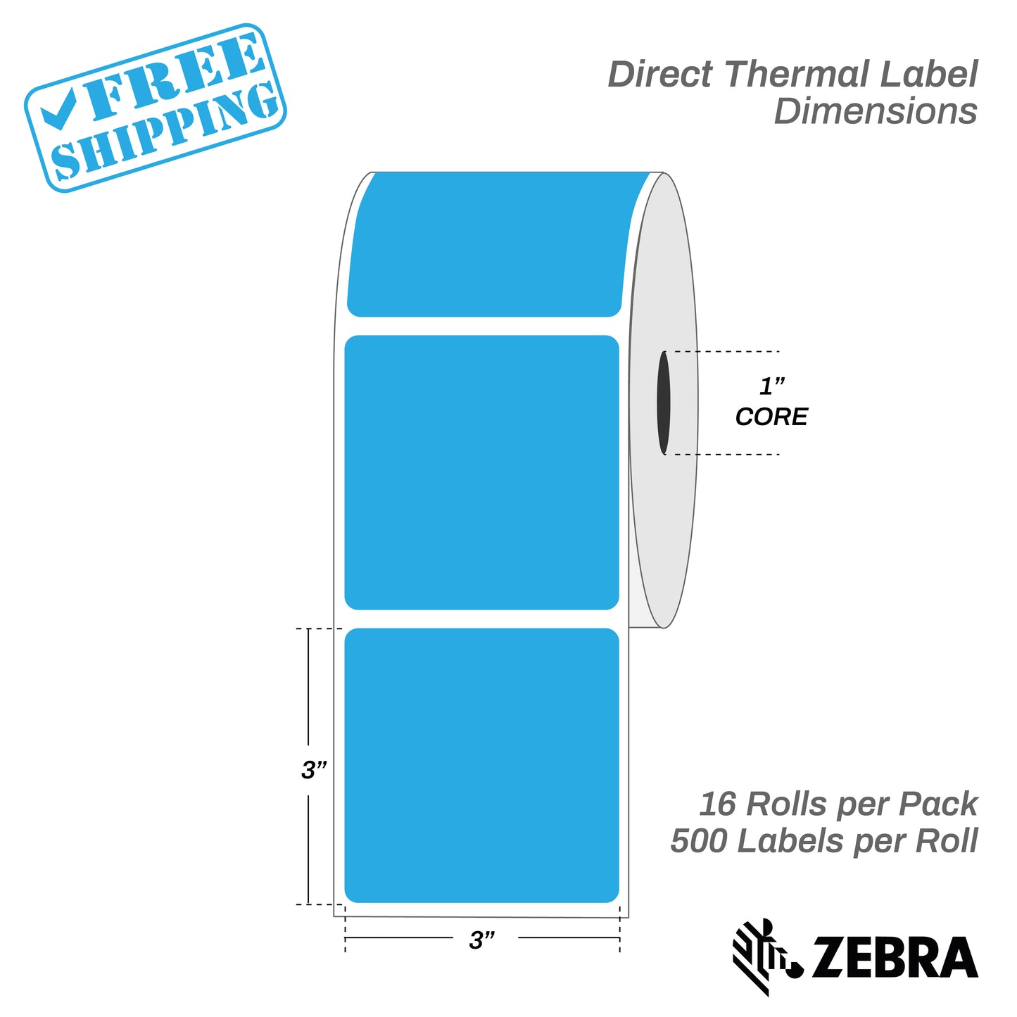 3”X3" - Direct Thermal Labels - 1” Core - 16 Rolls per Pack - 500 labels per roll - (8000 Labels) - warehouse supplies