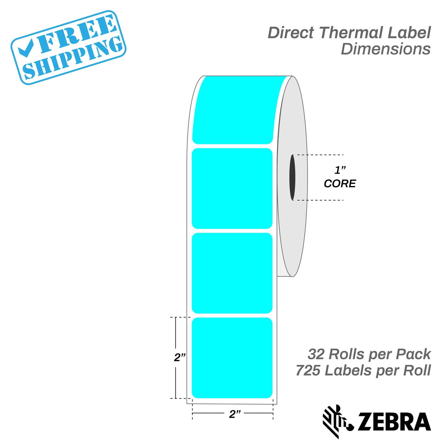 2"x2" - Direct Thermal Labels - 1” Core - 32 Rolls per Pack - warehouse supplies