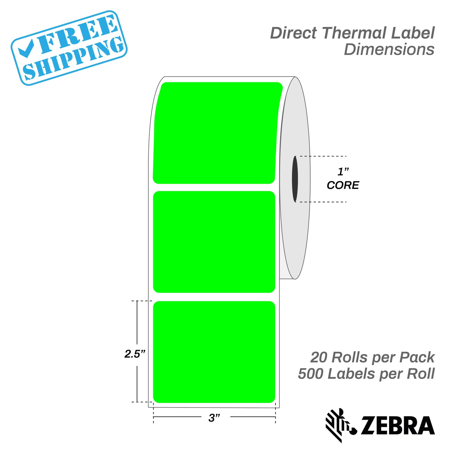 3”X2.5" - Direct Thermal Labels - 1” Core - 20 Rolls per Pack - 500 labels per roll - (10000 Labels) - warehouse supplies