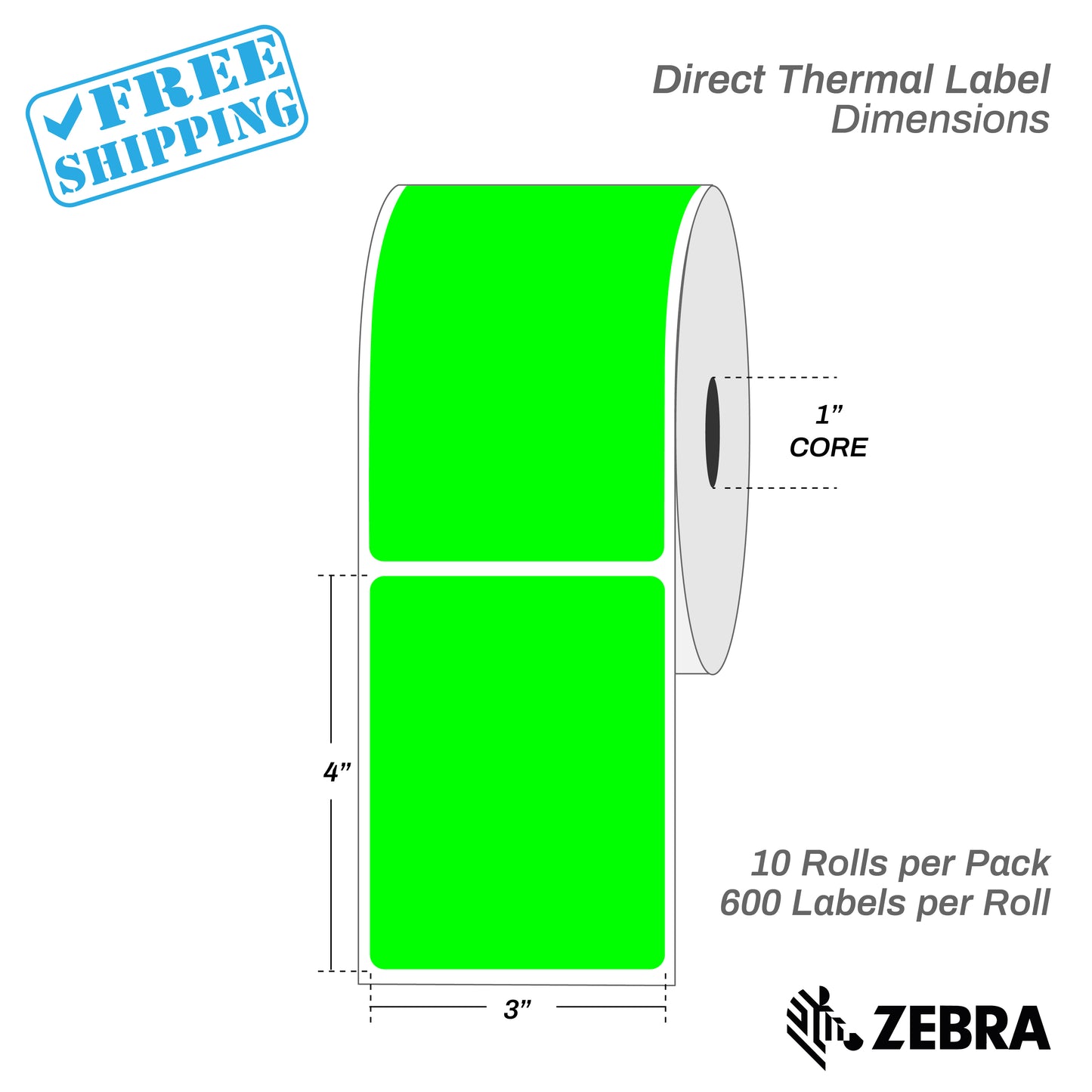 3”X4" - Direct Thermal Labels - 1” Core - 10 Rolls per Pack - 600 labels per roll - (6000 Labels) - warehouse supplies