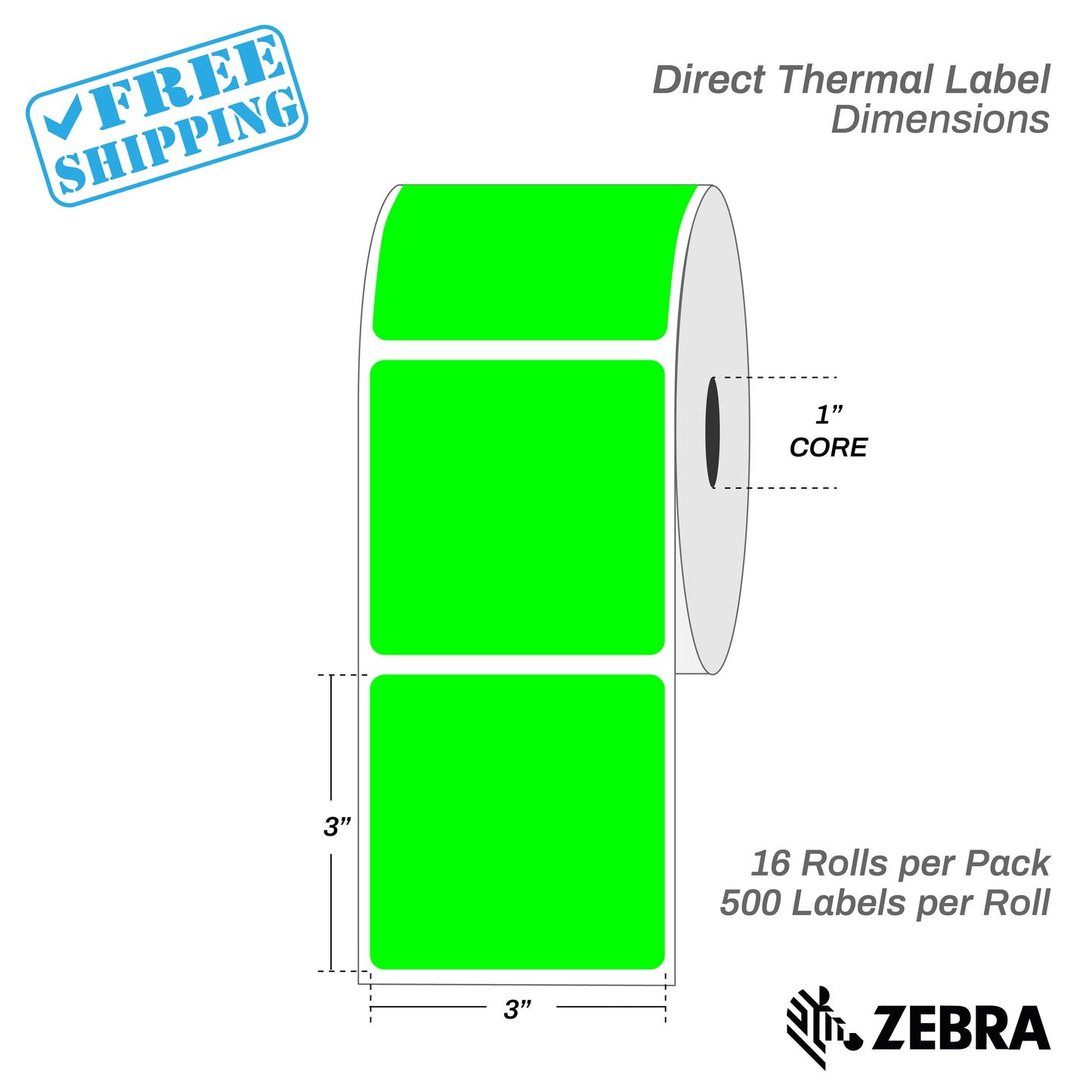 3”X3" - Direct Thermal Labels - 1” Core - 16 Rolls per Pack - 500 labels per roll - (8000 Labels) - warehouse supplies