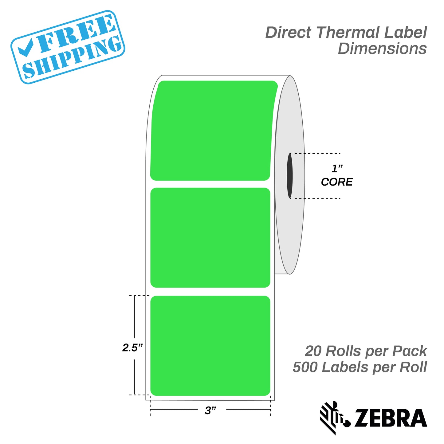 3”X2.5" - Direct Thermal Labels - 1” Core - 20 Rolls per Pack - 500 labels per roll - (10000 Labels) - warehouse supplies