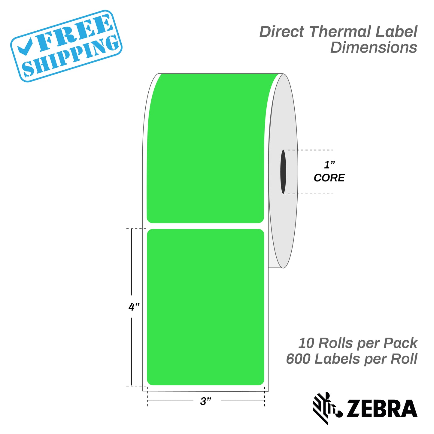 3”X4" - Direct Thermal Labels - 1” Core - 10 Rolls per Pack - 600 labels per roll - (6000 Labels) - warehouse supplies
