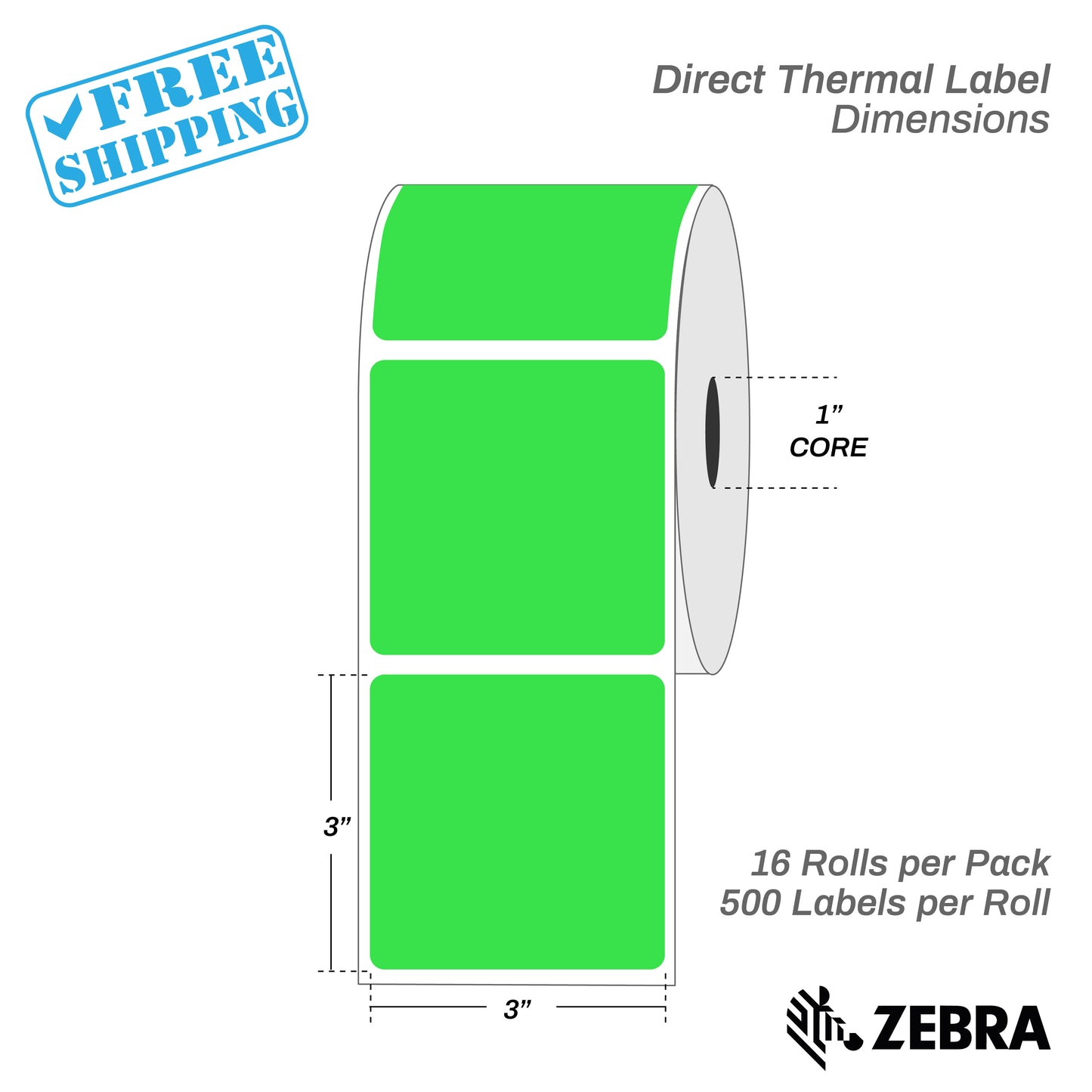 3”X3" - Direct Thermal Labels - 1” Core - 16 Rolls per Pack - 500 labels per roll - (8000 Labels) - warehouse supplies