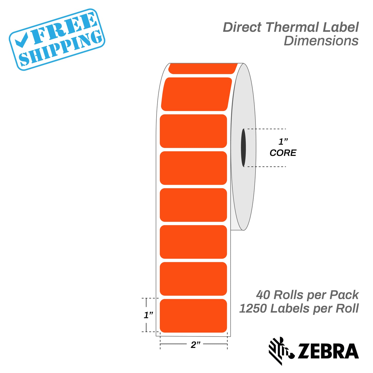 2"x1" - Direct Thermal Labels - 1” Core - 40 Rolls per Pack - warehouse supplies