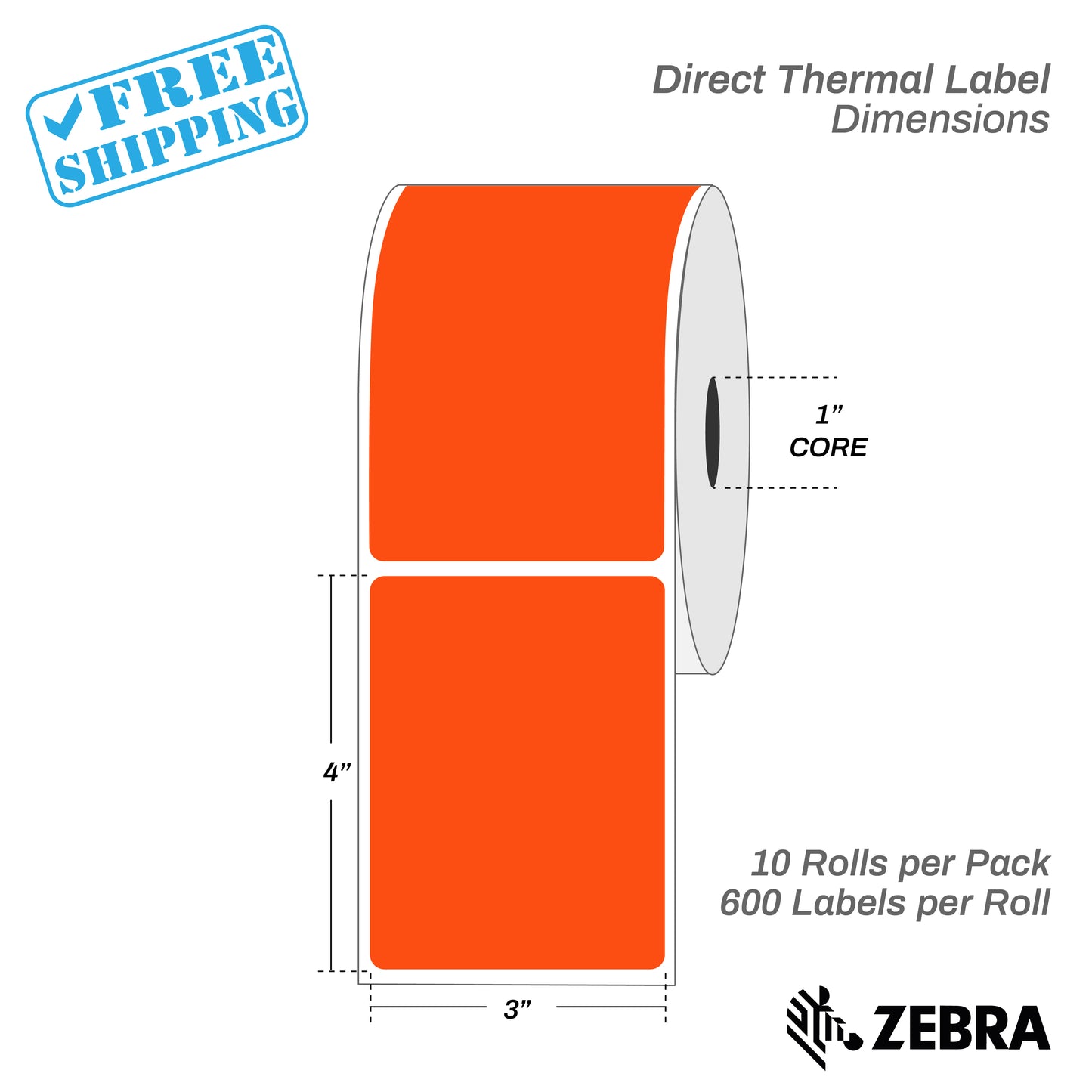 3”X4" - Direct Thermal Labels - 1” Core - 10 Rolls per Pack - 600 labels per roll - (6000 Labels) - warehouse supplies