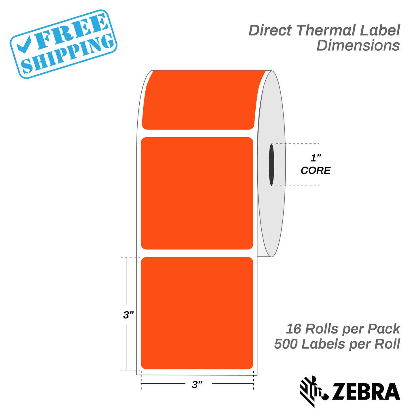 3”X3" - Direct Thermal Labels - 1” Core - 16 Rolls per Pack - 500 labels per roll - (8000 Labels) - warehouse supplies