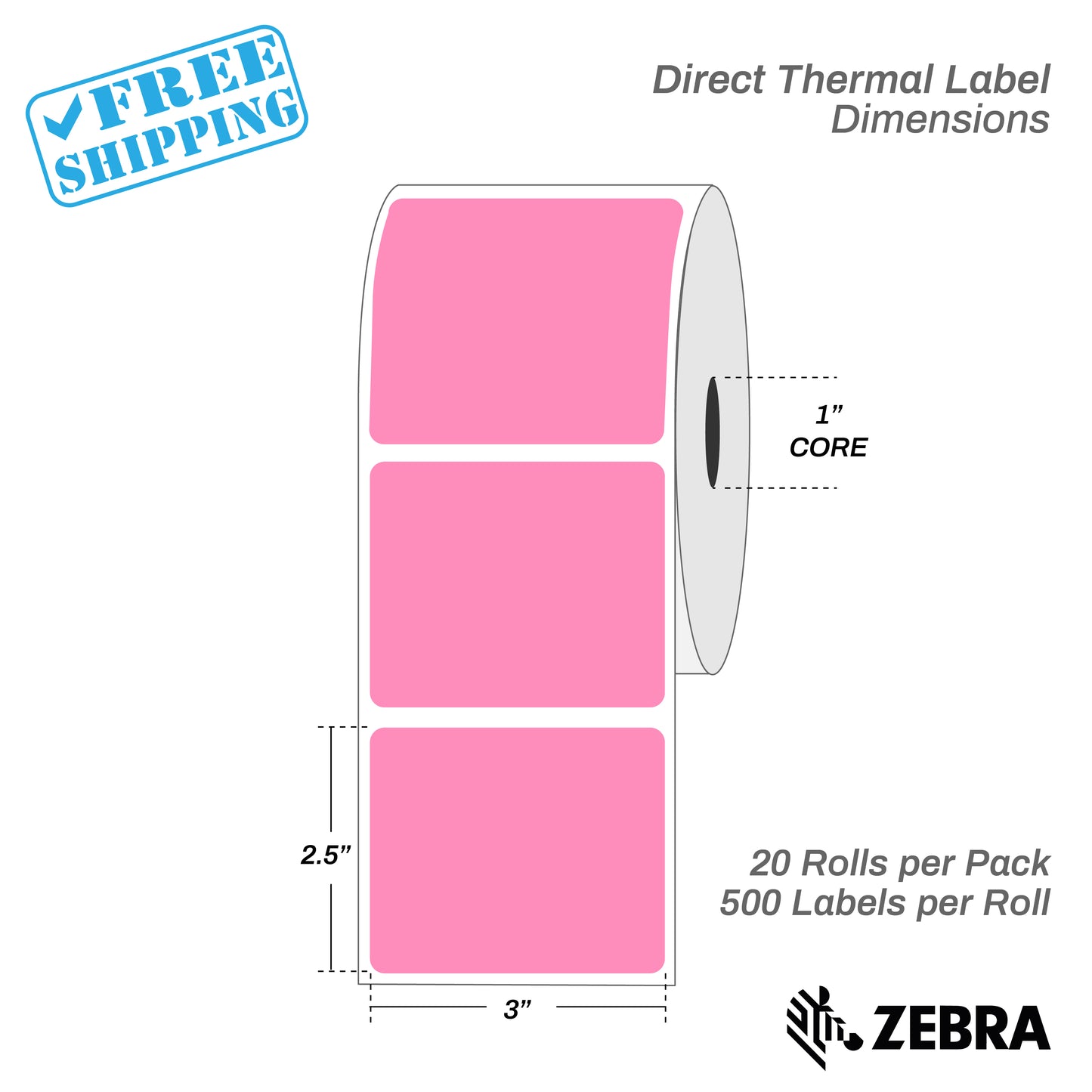 3”X2.5" - Direct Thermal Labels - 1” Core - 20 Rolls per Pack - 500 labels per roll - (10000 Labels) - warehouse supplies