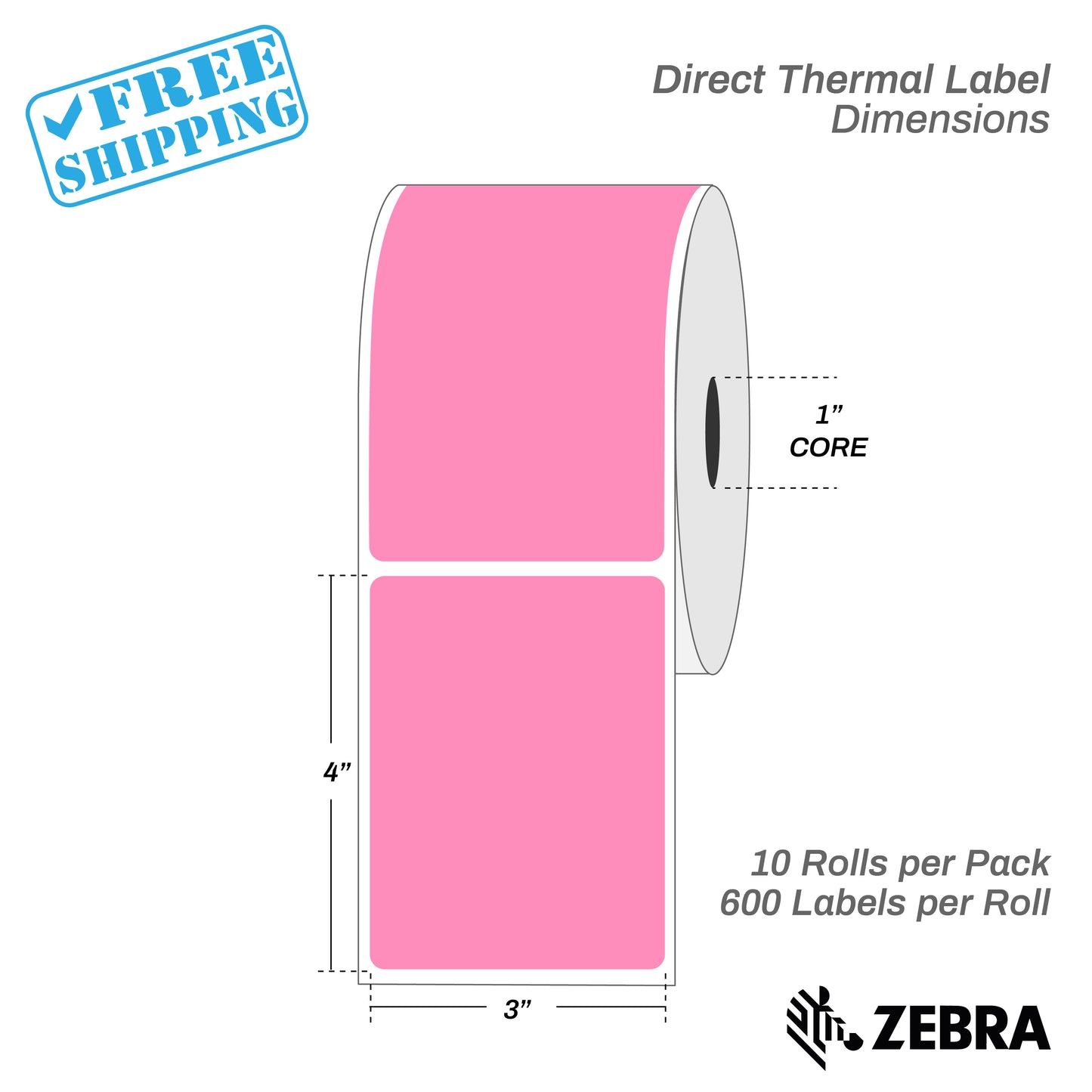 3”X4" - Direct Thermal Labels - 1” Core - 10 Rolls per Pack - 600 labels per roll - (6000 Labels) - warehouse supplies