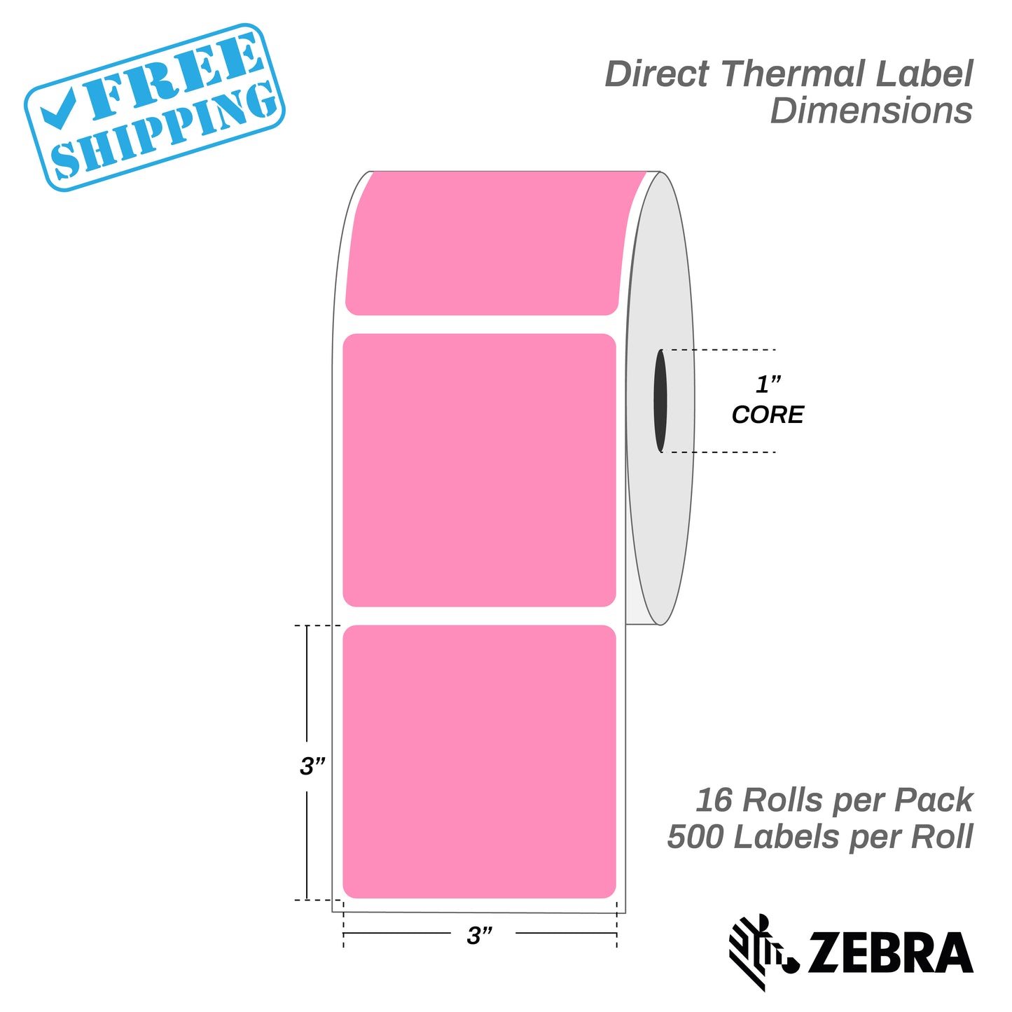 3”X3" - Direct Thermal Labels - 1” Core - 16 Rolls per Pack - 500 labels per roll - (8000 Labels) - warehouse supplies