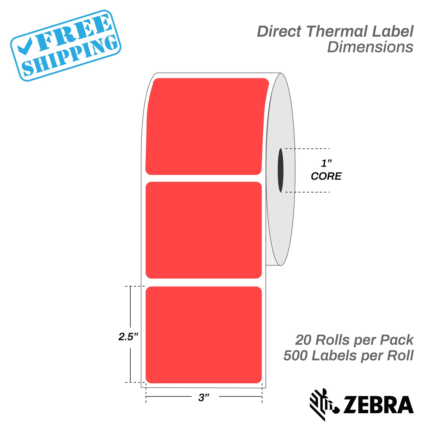3”X2.5" - Direct Thermal Labels - 1” Core - 20 Rolls per Pack - 500 labels per roll - (10000 Labels) - warehouse supplies