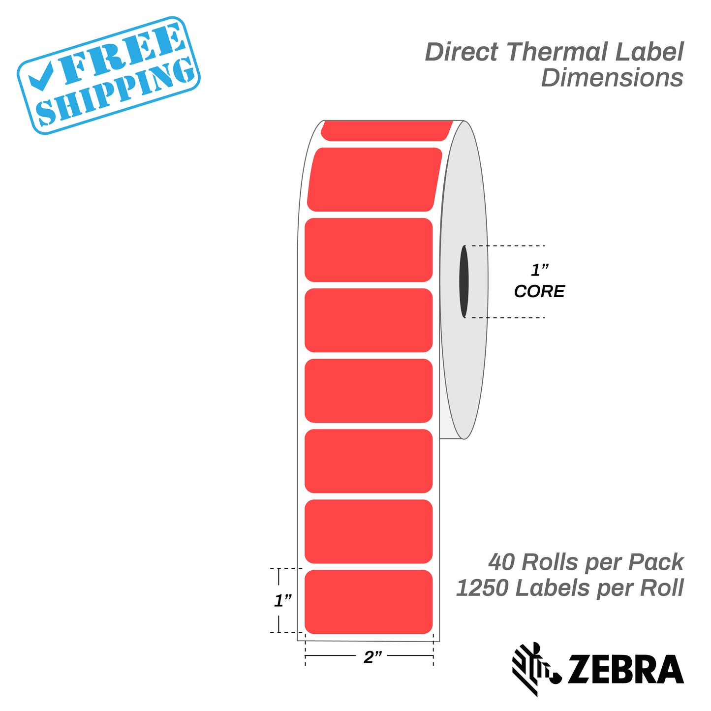 2"x1" - Direct Thermal Labels - 1” Core - 40 Rolls per Pack - warehouse supplies