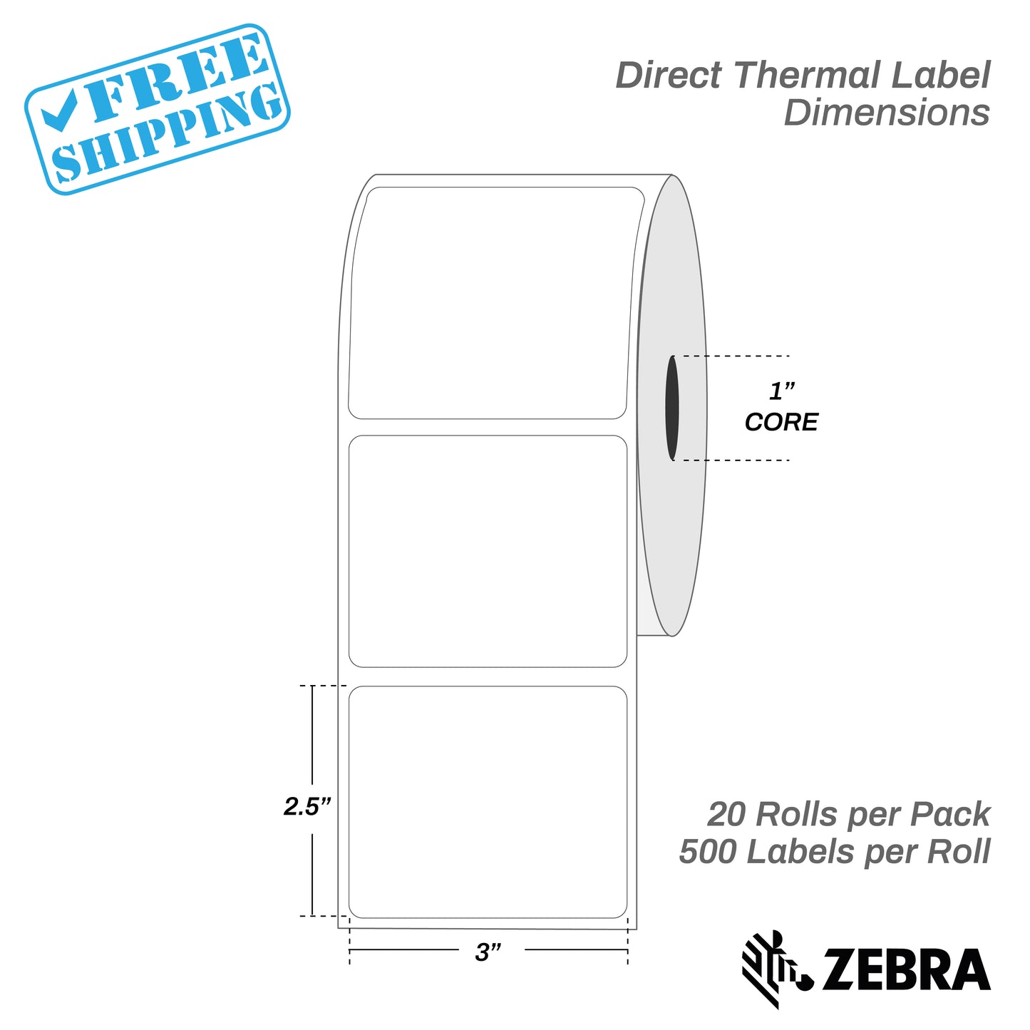 3”X2.5" - Direct Thermal Labels - 1” Core - 20 Rolls per Pack - 500 labels per roll - (10000 Labels) - warehouse supplies