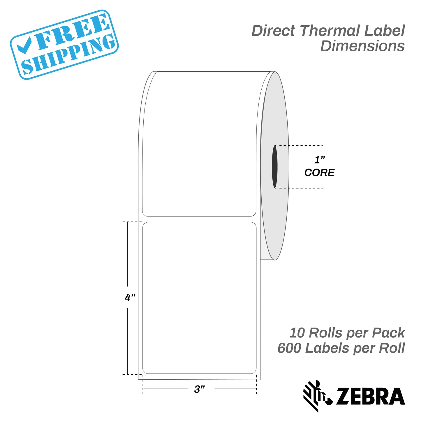 3”X4" - Direct Thermal Labels - 1” Core - 10 Rolls per Pack - 600 labels per roll - (6000 Labels) - warehouse supplies