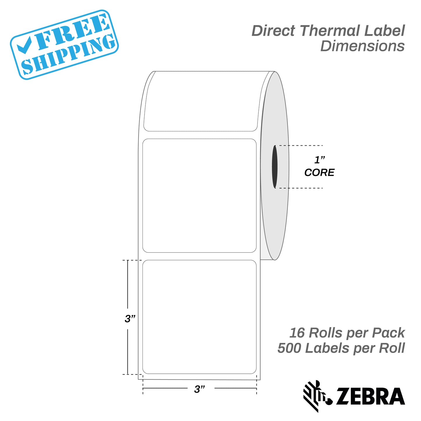 3”X3" - Direct Thermal Labels - 1” Core - 16 Rolls per Pack - 500 labels per roll - (8000 Labels) - warehouse supplies