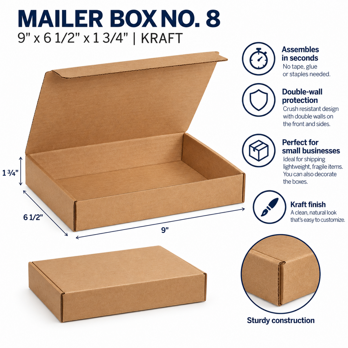 Kraft Mailer Box No. 8 – 9" x 6 1/2" x 1 3/4"