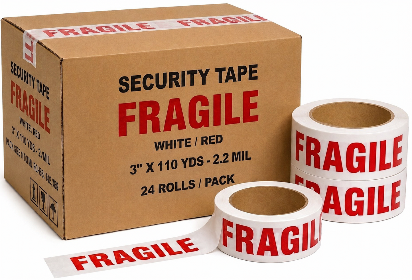 SECURITY TAPE FRAGILE WHITE /RED 3" 110 YDS-2.2 MIL 24 ROLLS/PACK