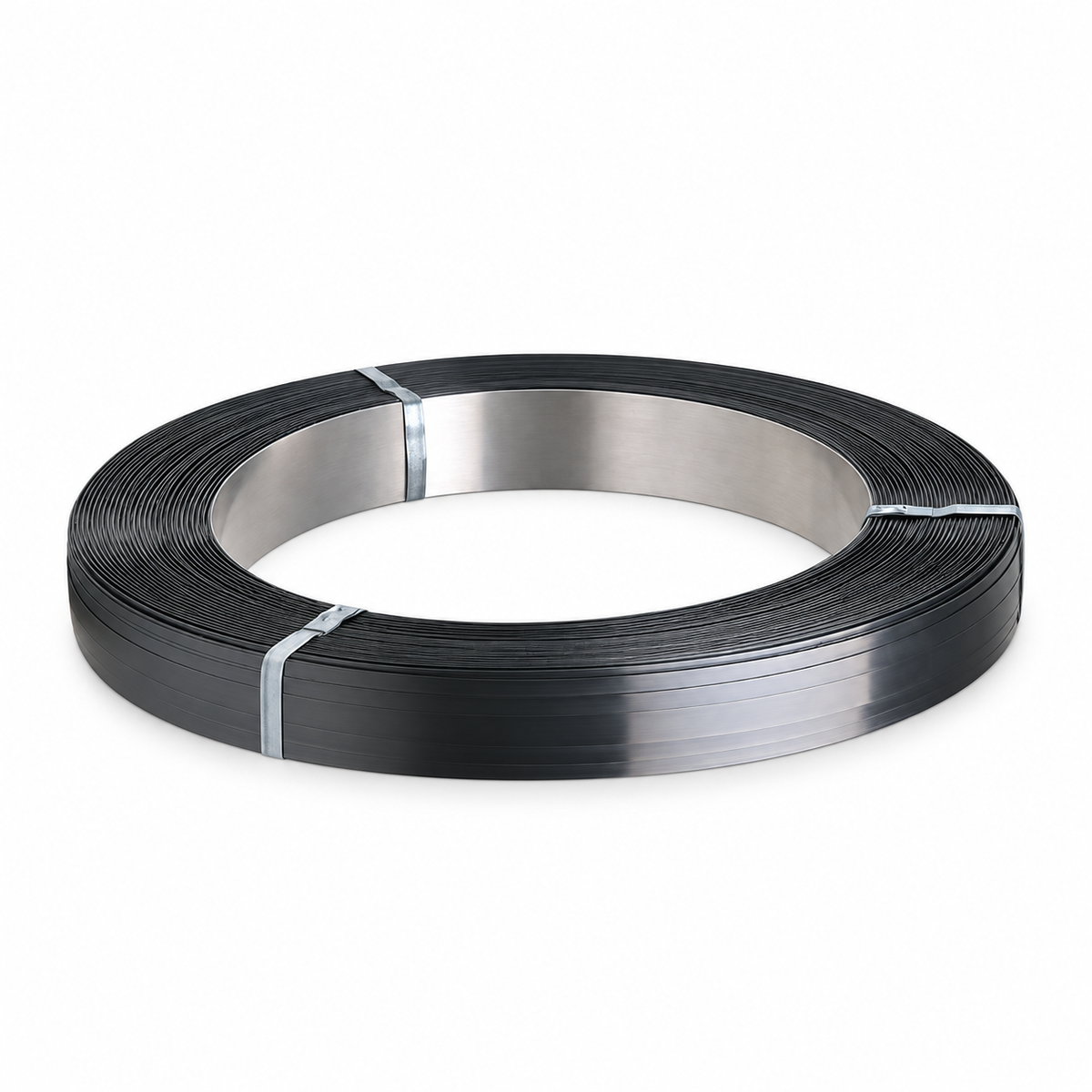 Coil of metal strapping, 1/2 inch wide and .023 inch thick, 2,432 ft long, with 1,350 lb break strength for industrial packaging.