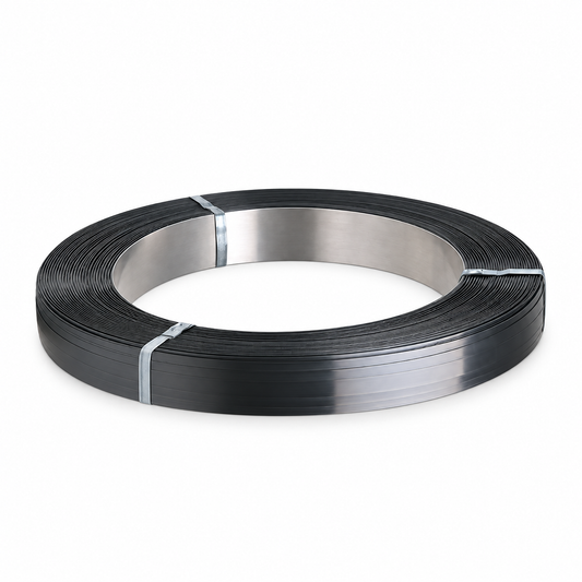 Coil of metal strapping, 1/2 inch wide and .023 inch thick, 2,432 ft long, with 1,350 lb break strength for industrial packaging.