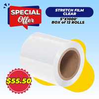 STRETCH FILM | CLEAR | 80 GAUGE | 5"X1000' | 12 ROLLS/PACK