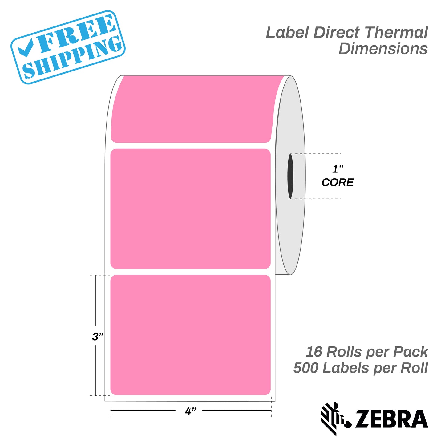 LABEL | DIRECT THERMAL | 4x3" CORE 1"/16 ROLLS X 500 LABELS = 8000 LABELS | ALL COLORS - Warehouse Instant Supplies LLC