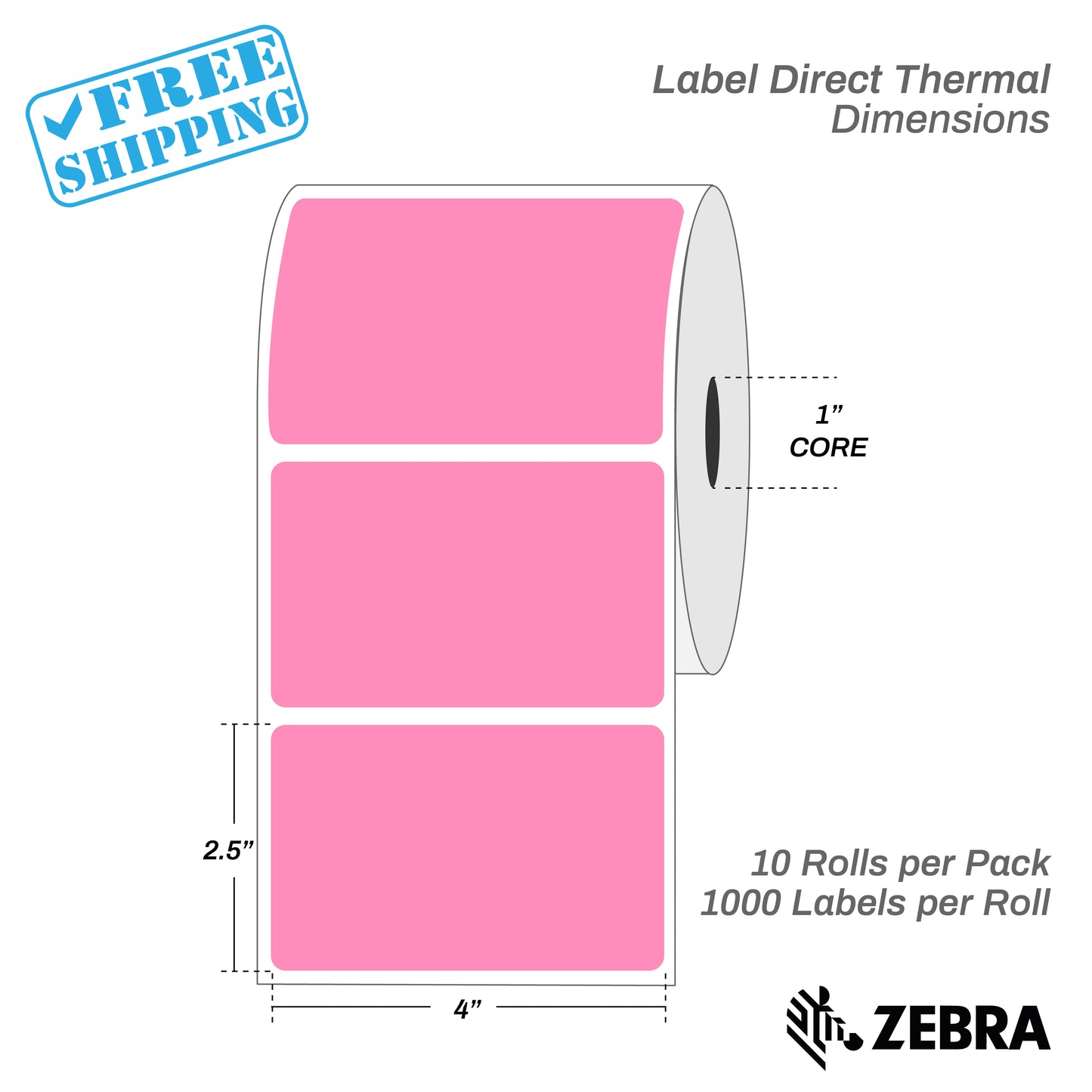 LABEL | DIRECT THERMAL | 4X2.5" CORE 1"/20 ROLLS X 500 LABELS = 10000 LABELS | ALL COLORS - Warehouse Instant Supplies LLC