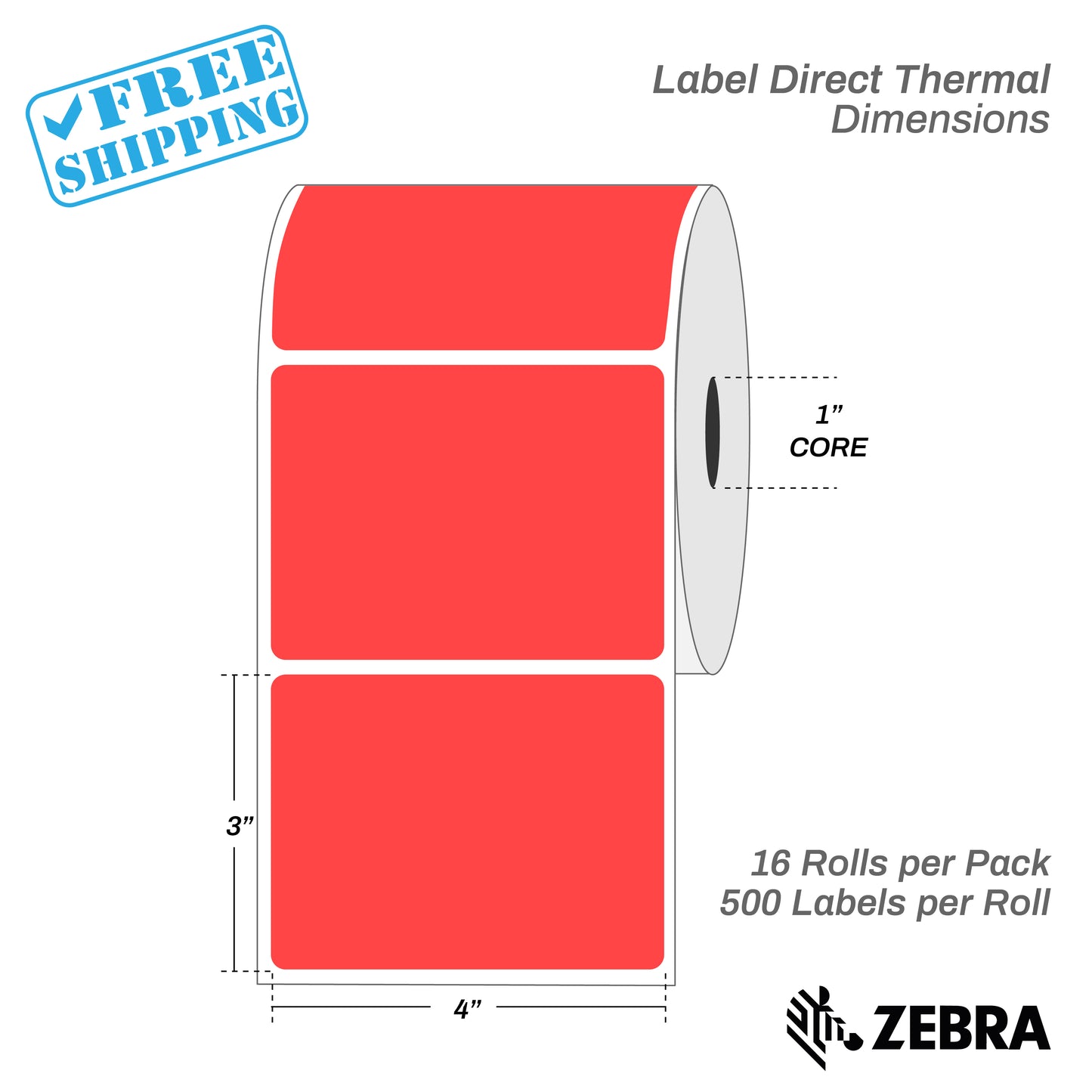 LABEL | DIRECT THERMAL | 4x3" CORE 1"/16 ROLLS X 500 LABELS = 8000 LABELS | ALL COLORS - Warehouse Instant Supplies LLC