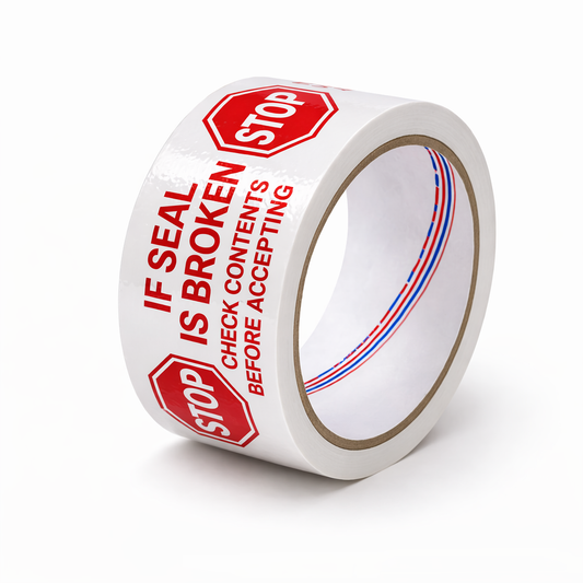 SECURITY TAPE STOP 2" 110 YDS | 2.1 MIL | 36 ROLLS/PACK | "IF SEAL IS BROKEN CHECK CONTENTS BEFORE ACCEPTING" - Warehouse Instant Supplies LLC