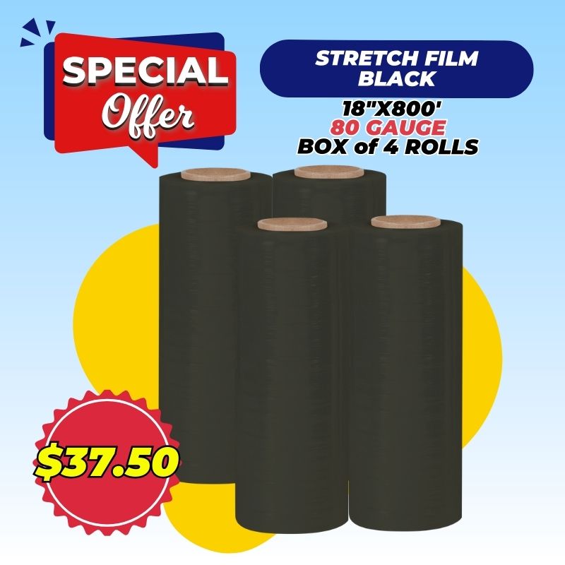 Stretch film black 80 gauge 18 x800 4 rolls pack warehouse