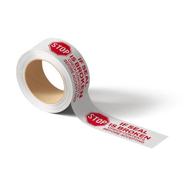 SECURITY TAPE STOP 2" 110 YDS | 2.1 MIL | 36 ROLLS/PACK | "IF SEAL IS BROKEN CHECK CONTENTS BEFORE ACCEPTING" - Warehouse Instant Supplies LLC