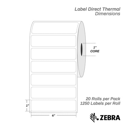 4" x 1" Direct Thermal Labels, 1" Core – 20 Rolls / 25,000 Labels