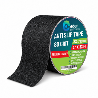 Black 80-grit anti-slip grip tape roll, 4 inches wide by 33 feet long, with waterproof abrasive surface for indoor and outdoor use.