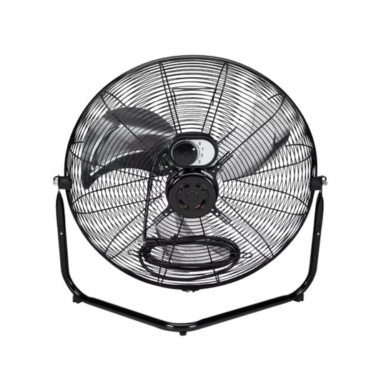 Central 57880 20 inch industrial high velocity floor fan with black metal frame, three aluminum blades and adjustable tilt head.