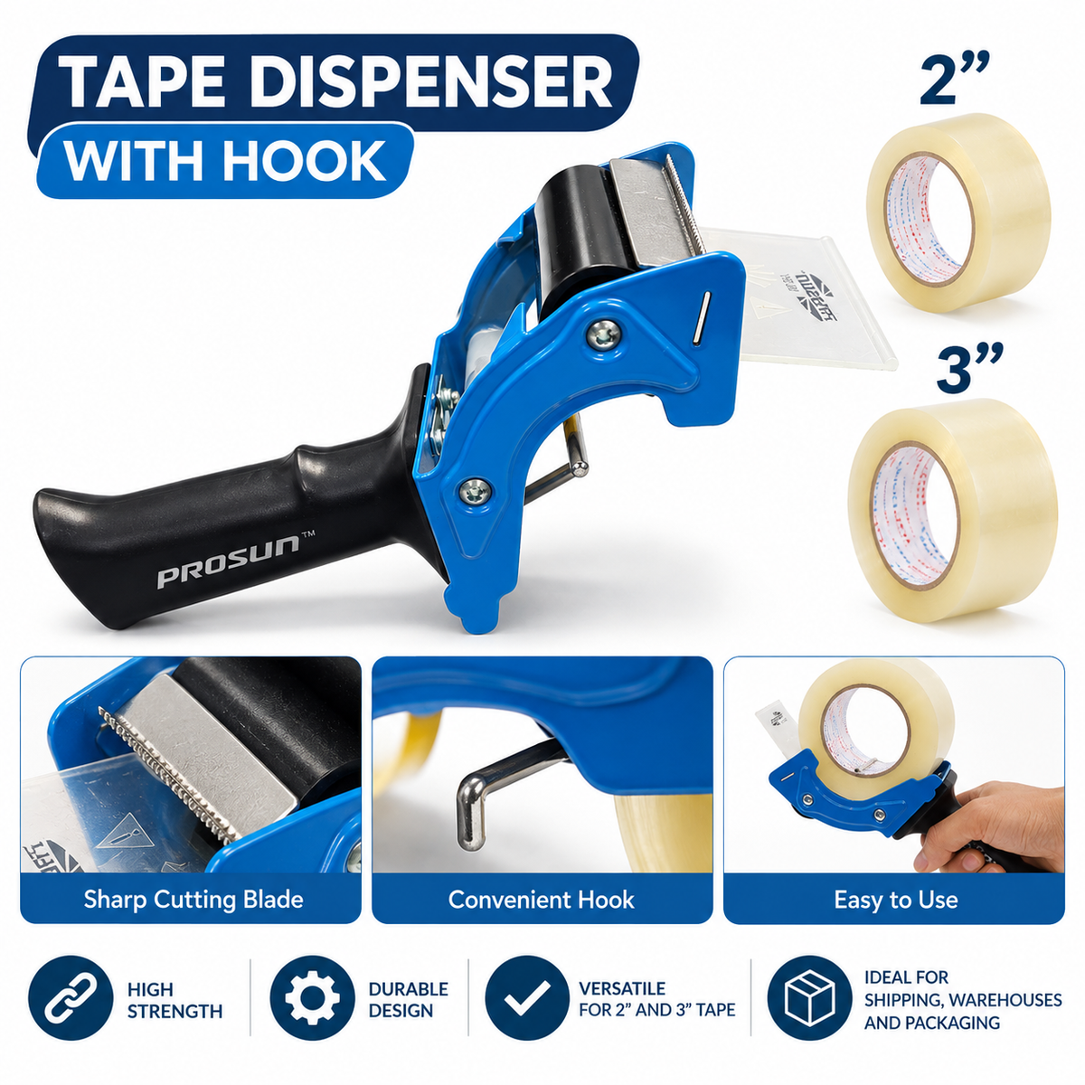 Heavy-Duty Packing Tape Dispenser with Hook – 2" & 3" Sizes