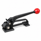 Black manual steel strapping tensioner with red lever handle for 1/2, 5/8 and 3/4 inch steel banding