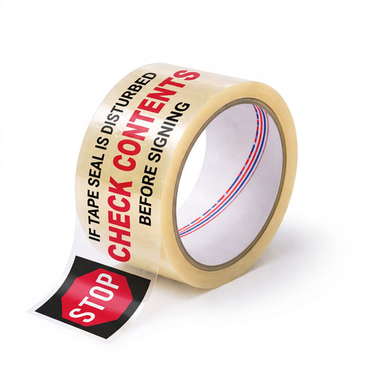 STOP security packaging tape, 2 inches x 110 yards, 2.1 mil thickness, 36 rolls per pack with printed shipping security warnings.