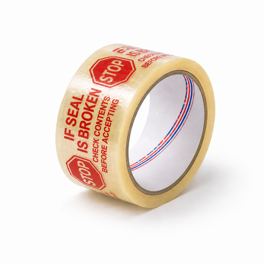 SECURITY TAPE STOP 2" 110 YDS | 2.1 MIL | 36 ROLLS/PACK | "IF SEAL IS BROKEN CHECK CONTENTS BEFORE ACCEPTING"