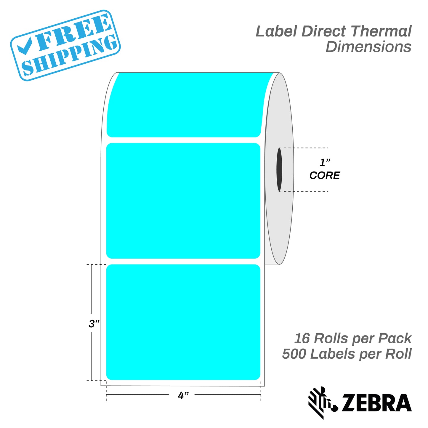 4”X3" - Direct Thermal Labels - 1” Core - 16 Rolls per Pack - 500 labels per roll - (8000 Labels) - warehouse supplies