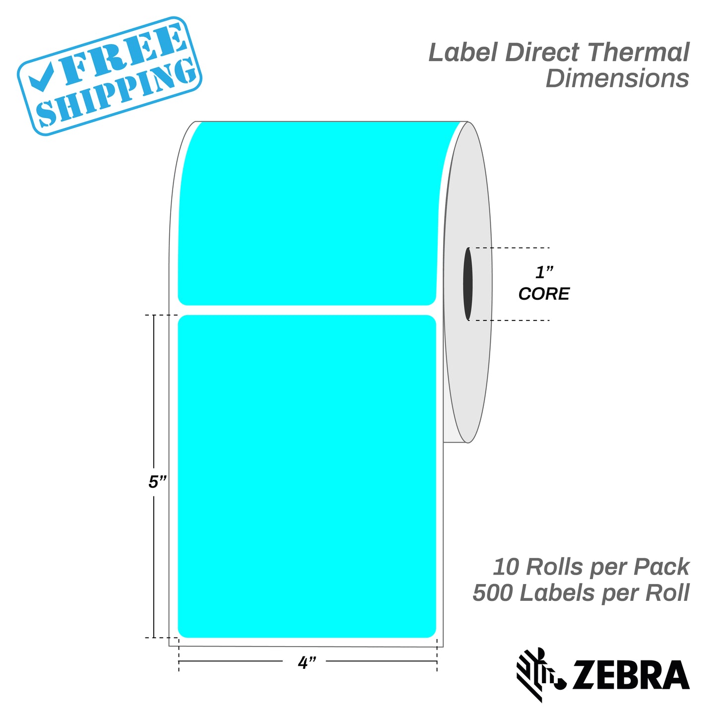 4”X5" - Direct Thermal Labels - 1” Core - 10 Rolls per Pack - 600 labels per roll - (6000 Labels) - warehouse supplies