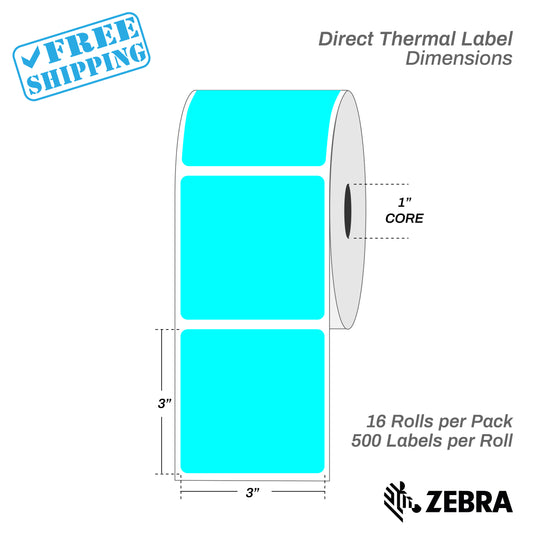 3”X3" - Direct Thermal Labels - 1” Core - 16 Rolls per Pack - 500 labels per roll - (8000 Labels) - warehouse supplies