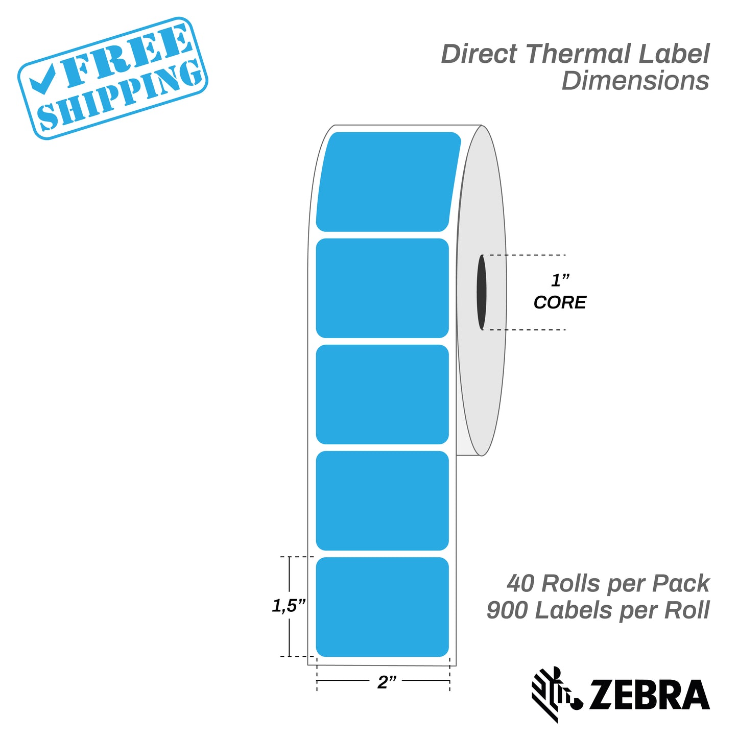 2"x1.5" - Direct Thermal Labels - 1” Core - 40 Rolls per Pack - warehouse supplies