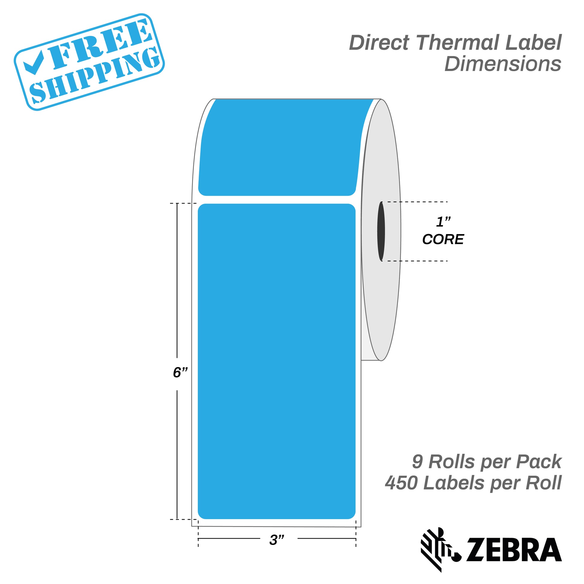3”X6" - Direct Thermal Labels - 1” Core - 9 Rolls per Pack - 450 labels per roll - (4050 Labels) - warehouse supplies