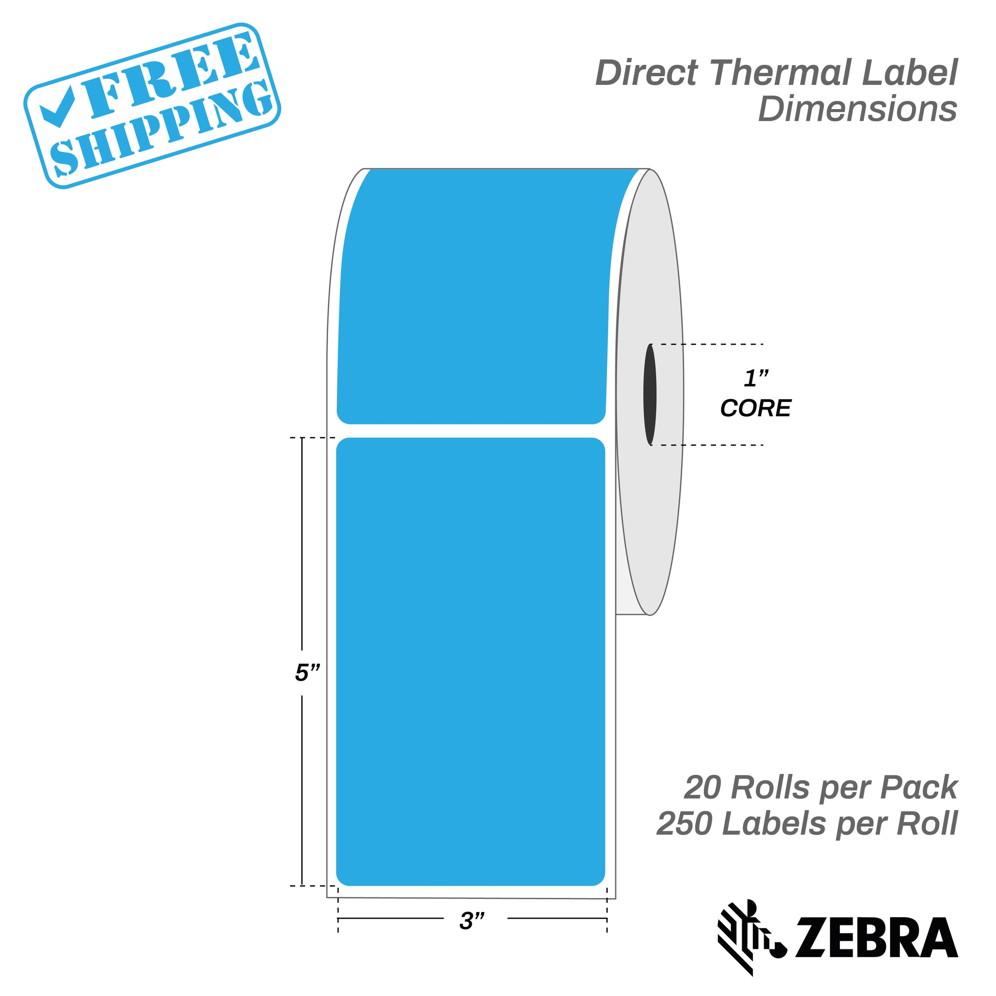 3”X5" - Direct Thermal Labels - 1” Core - 20 Rolls per Pack - 250 labels per roll - (5000 Labels) - warehouse supplies