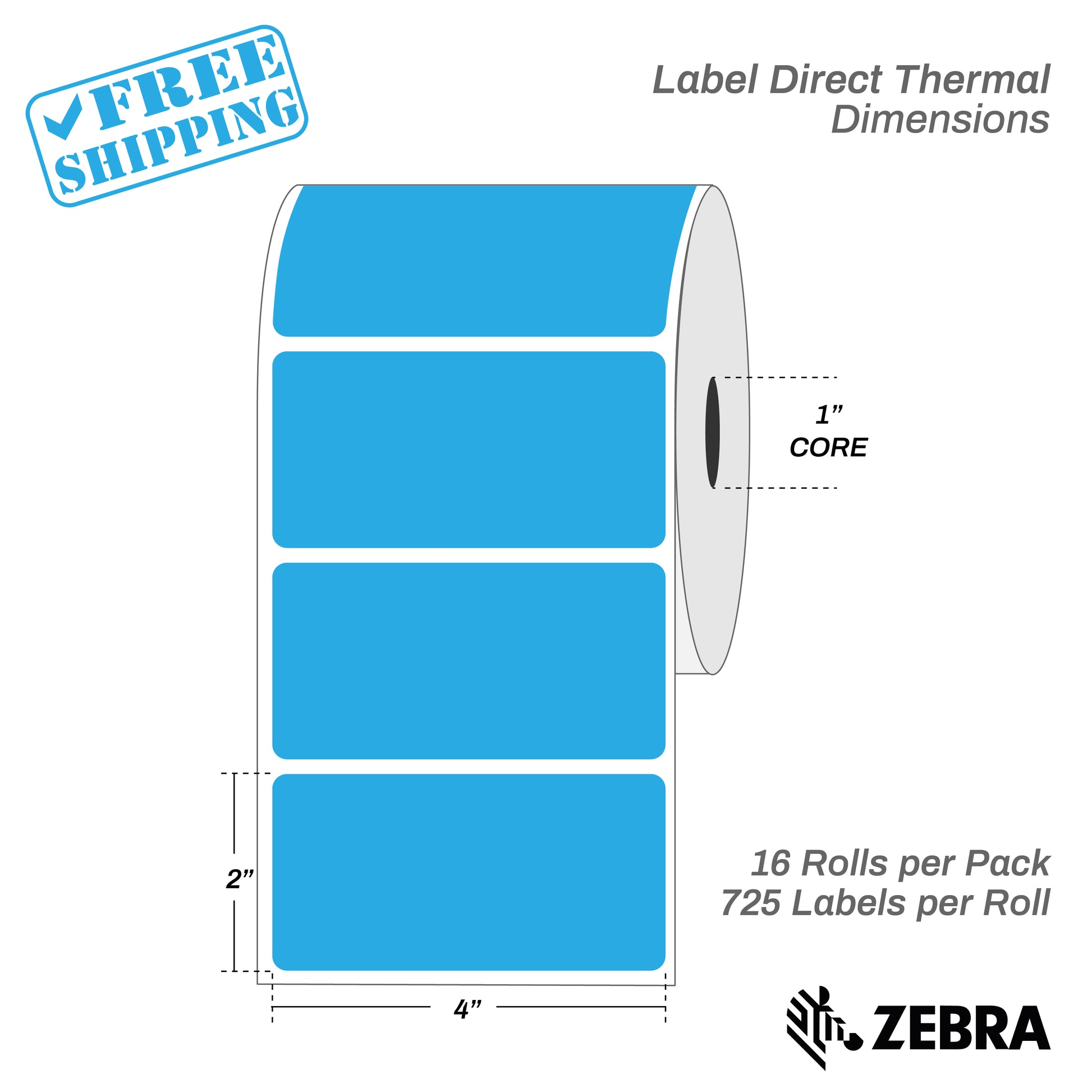 4”X2" - Direct Thermal Labels - 1” Core - 16 Rolls per Pack - 750 labels per roll - (11600 Labels) - warehouse supplies
