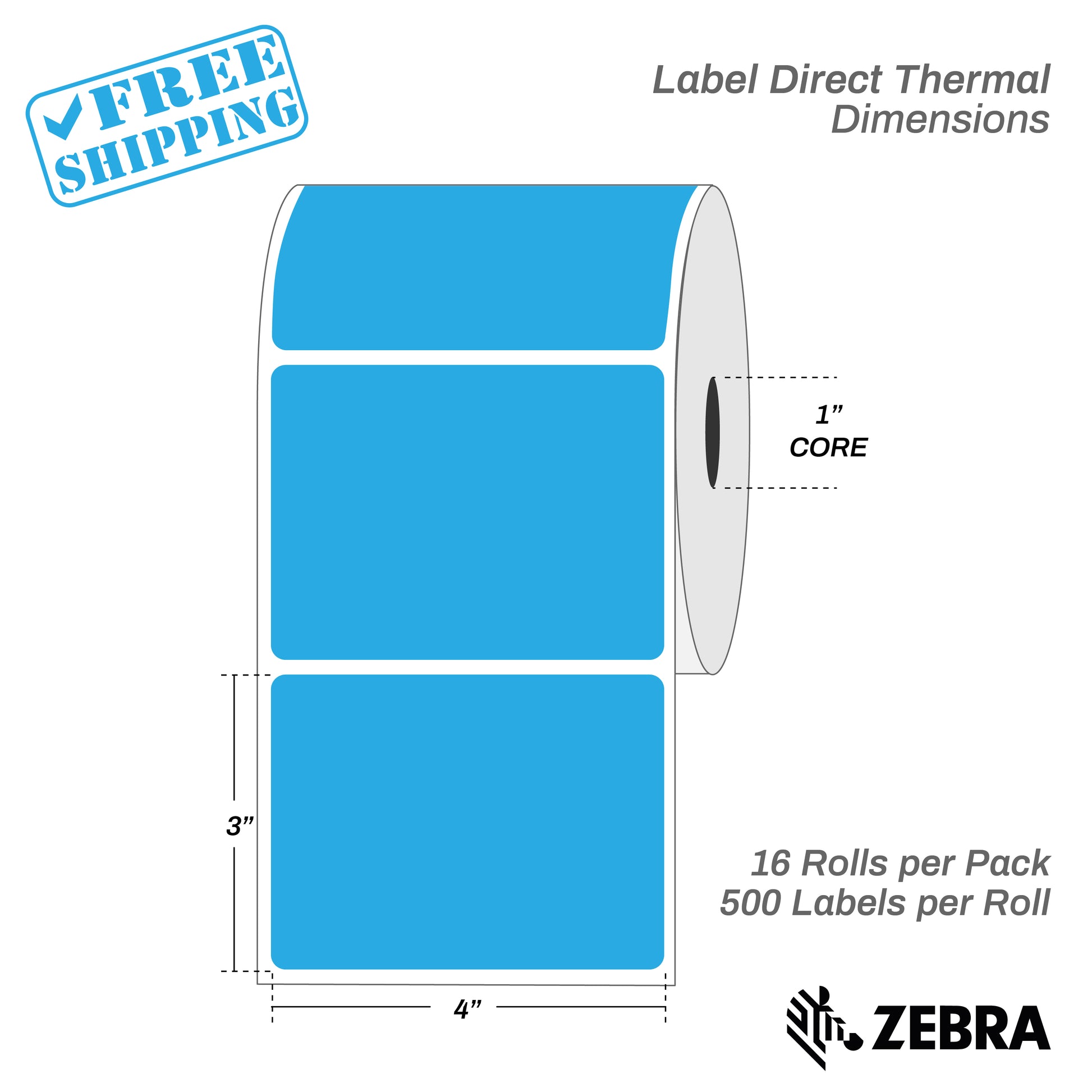 4”X3" - Direct Thermal Labels - 1” Core - 16 Rolls per Pack - 500 labels per roll - (8000 Labels) - warehouse supplies
