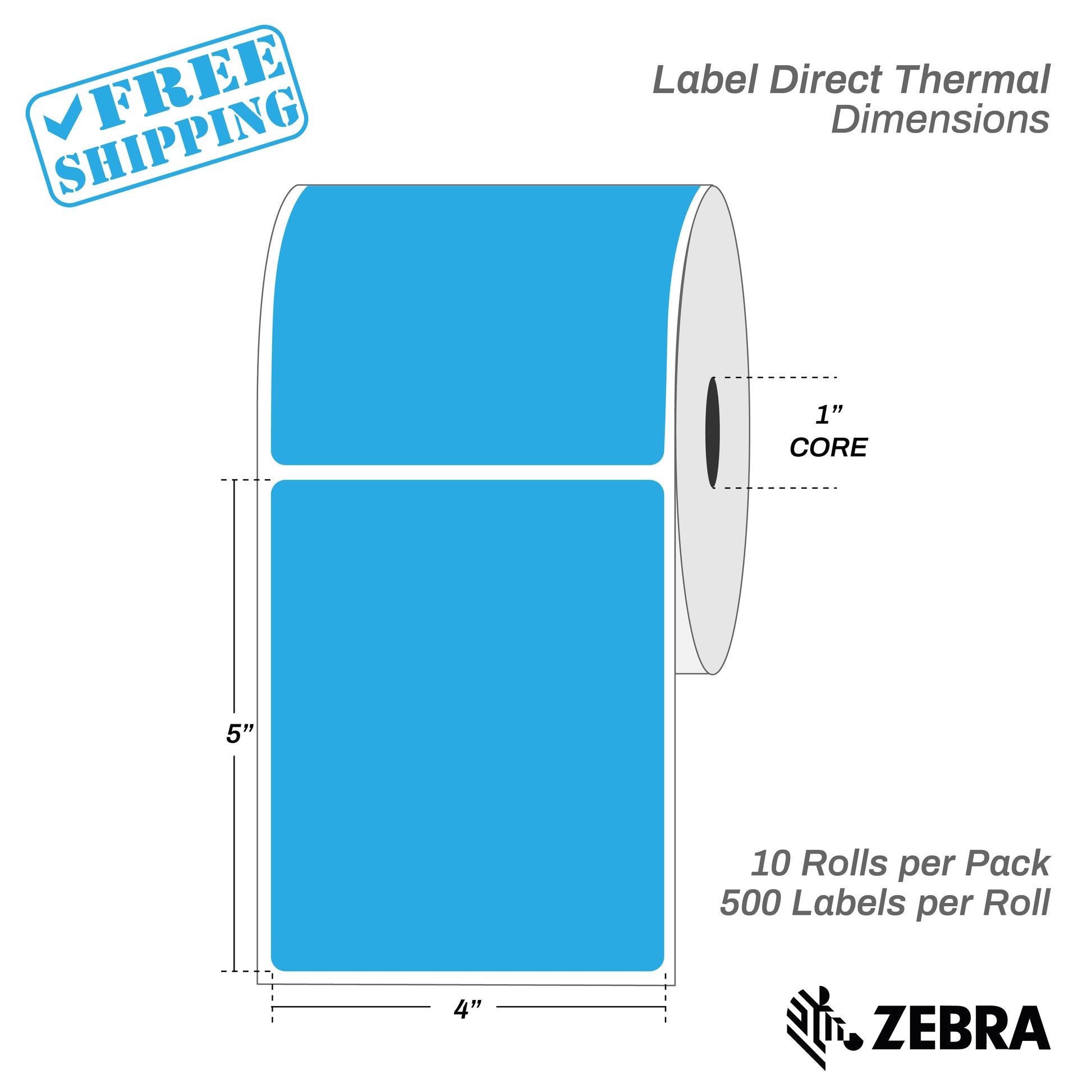 4”X5" - Direct Thermal Labels - 1” Core - 10 Rolls per Pack - 600 labels per roll - (6000 Labels) - warehouse supplies